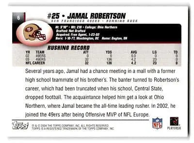 Jamal Robertson trading card showcasing rushing stats and career details from 2004 Topps