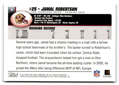 Original gloss Jamal Robertson football card 2004 Topps NM-MT 49ers ID 70742