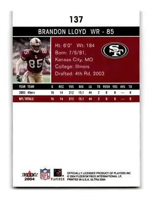 Brandon Lloyd football card from 2004 Ultra #137 trading cards collection