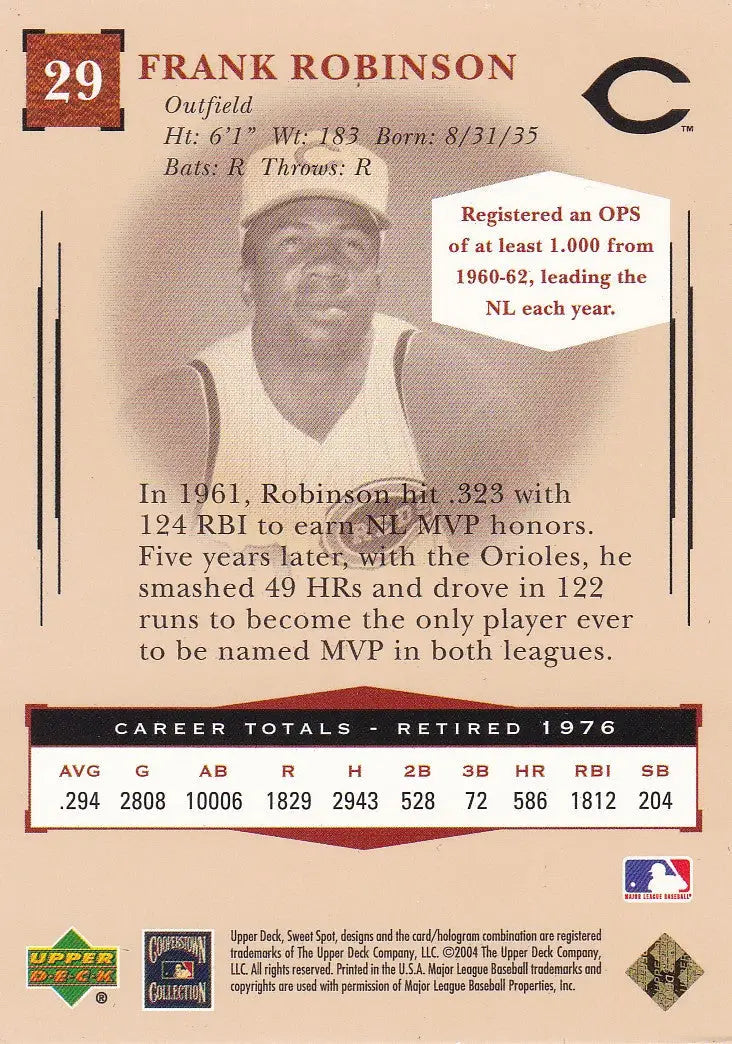 2004 UPPER DECK #29 FRANK ROBINSON SWEET SPOT CLASSIC- CINCINNATI REDS - Baseball Card Single