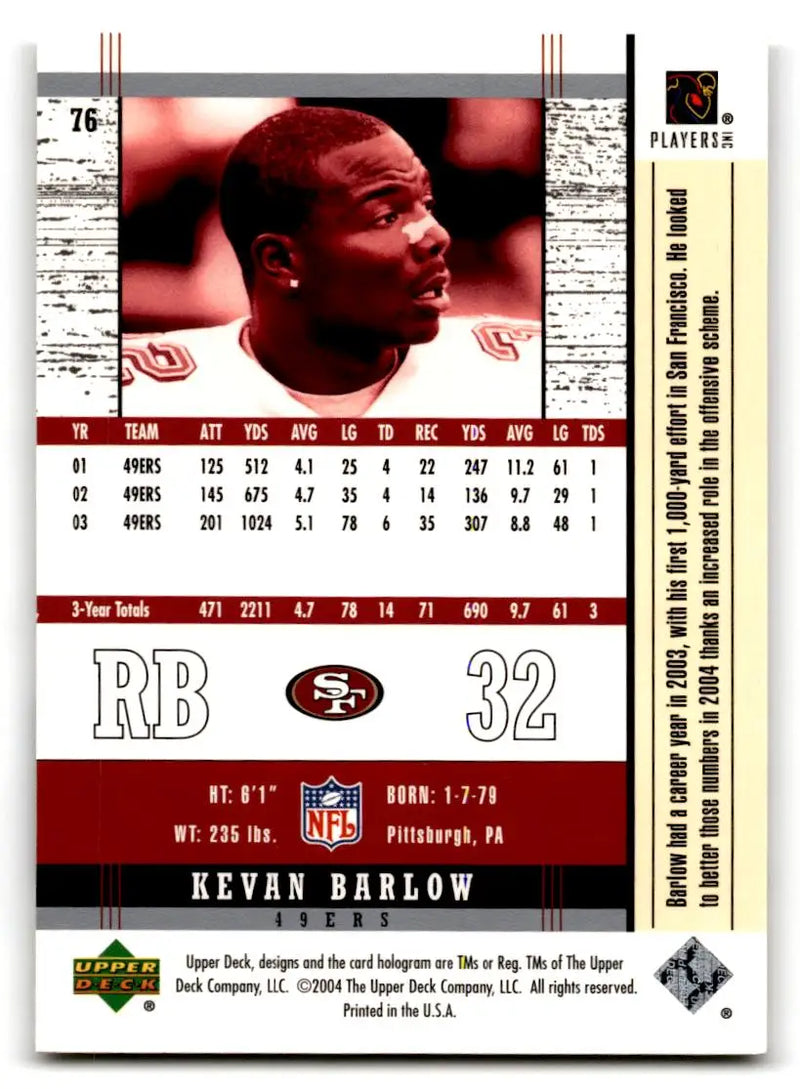 2004 Upper Deck Legends #76 Kevan Barlow - Football Card Single