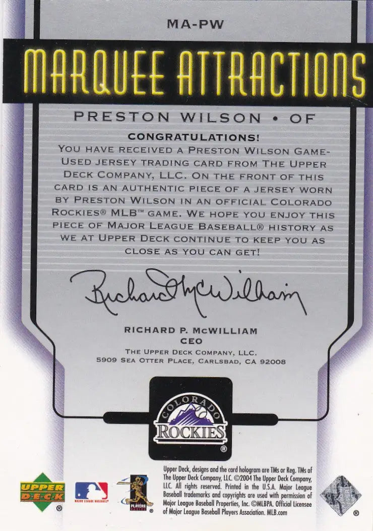 2004 UPPER DECK #MA-PW PRESTON WILSON PATCH- COLORADO ROCKIES - Baseball Card Single
