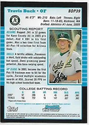 Baseball card featuring 2005 Bowman Chrome Travis Buck NM-MT RC with original gloss