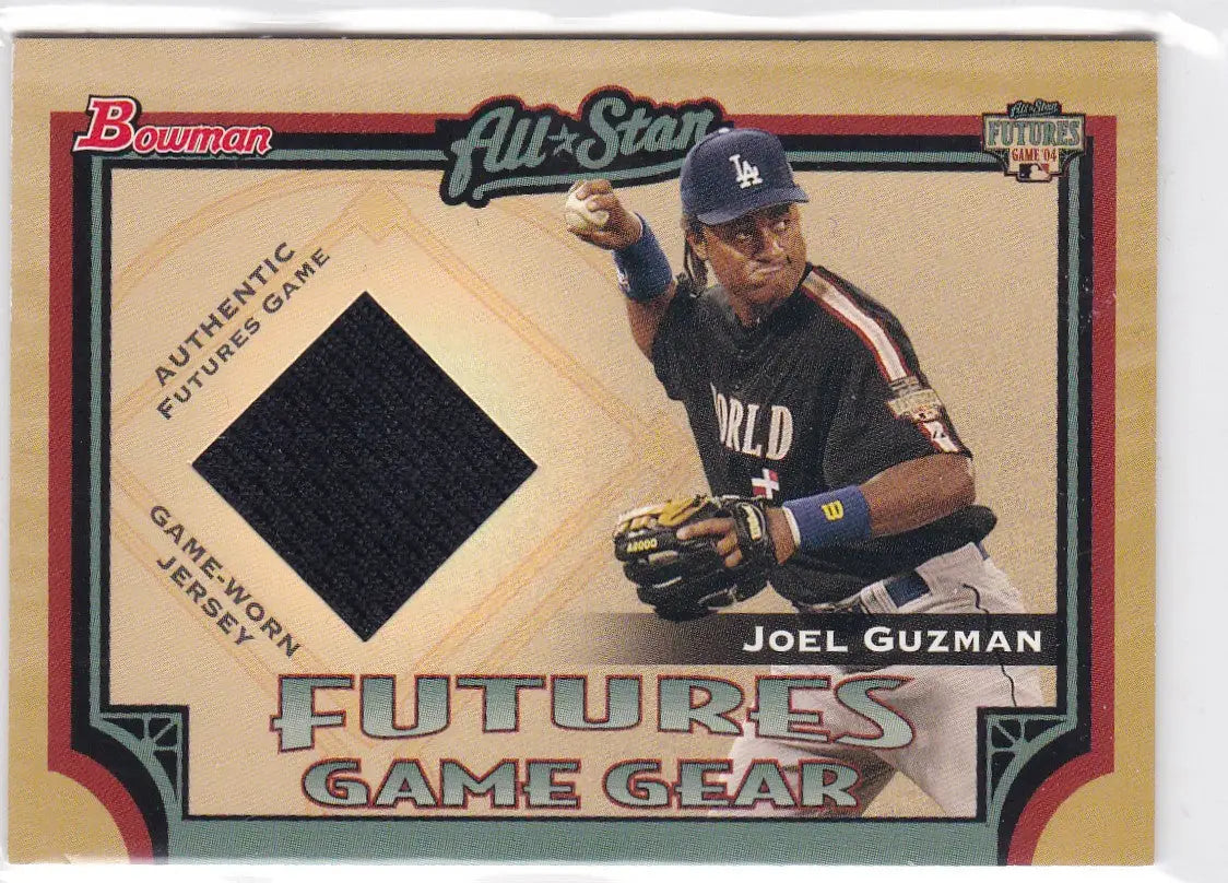 Baseball trading card of Joel Guzman featuring a game gear jersey from Bowman Futures Game