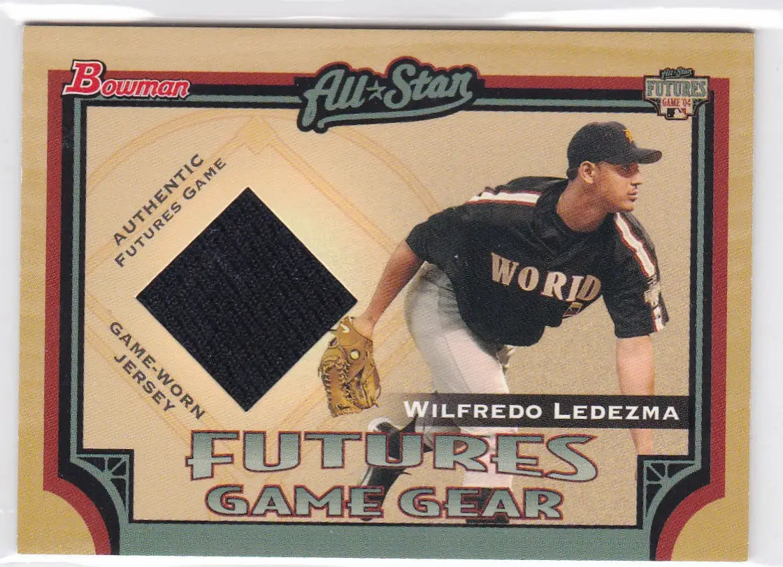 Baseball trading card featuring 2005 Bowman Futures Game Gear jersey swatch of Wilfredo Ledezma