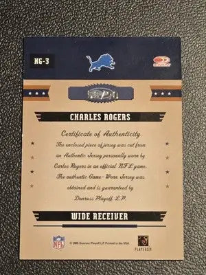 2005 Donruss Gridiron Gear #NG-3 Charles Rogers Next Generation Jerseys #/90 - Football Card Single