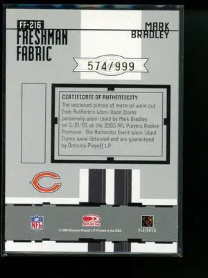 2005 Donruss Playoff Leaf Certified Mark Bradley FF-216 Worn Freshman Fabric - Football Card Single