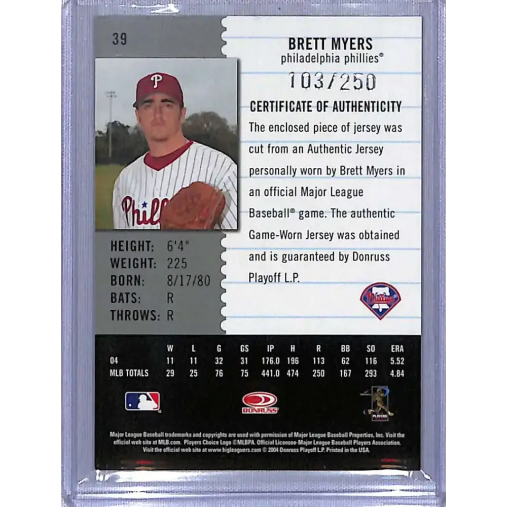 2005 Leaf Century #39 Brett Myers Material Fabric Position #/250 NM-MT Baseball Card - Baseball Card Single