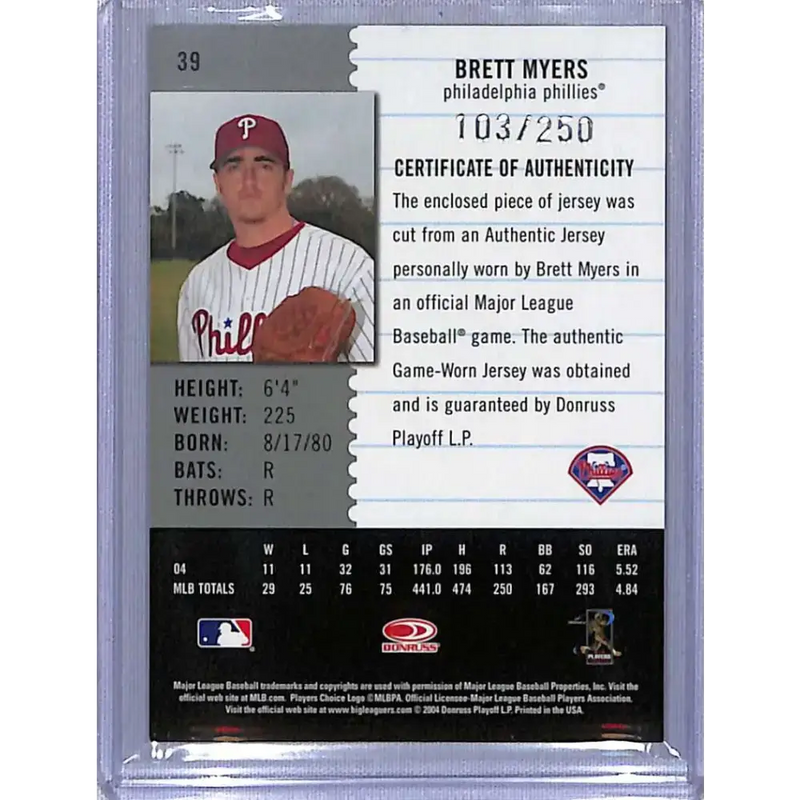 2005 Leaf Century #39 Brett Myers Material Fabric Position #/250 NM-MT Baseball Card - Baseball Card Single