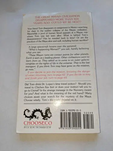 Back cover of 2005 Mystery Of The Maya Montgomery Choose adventure book on store shelf pulls