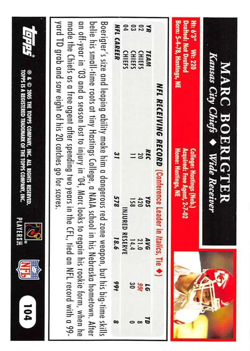2005 Topps #104 Marc Boerigter NM-MT Kansas City Chiefs Football Card - Football Card Single