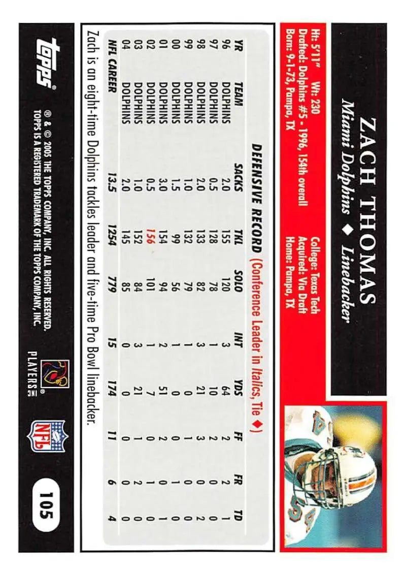 2005 Topps #105 Zach Thomas NM-MT Miami Dolphins Football Card - Football Card Single