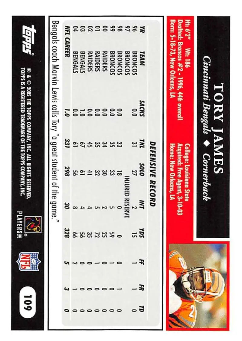 2005 Topps #109 Tory James NM-MT Cincinnati Bengals Football Card - Football Card Single