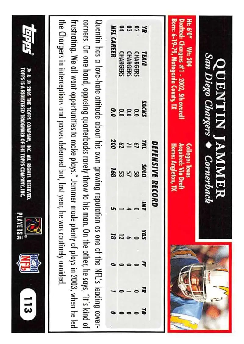 2005 Topps #113 Quentin Jammer NM-MT San Diego Chargers Football Card - Football Card Single