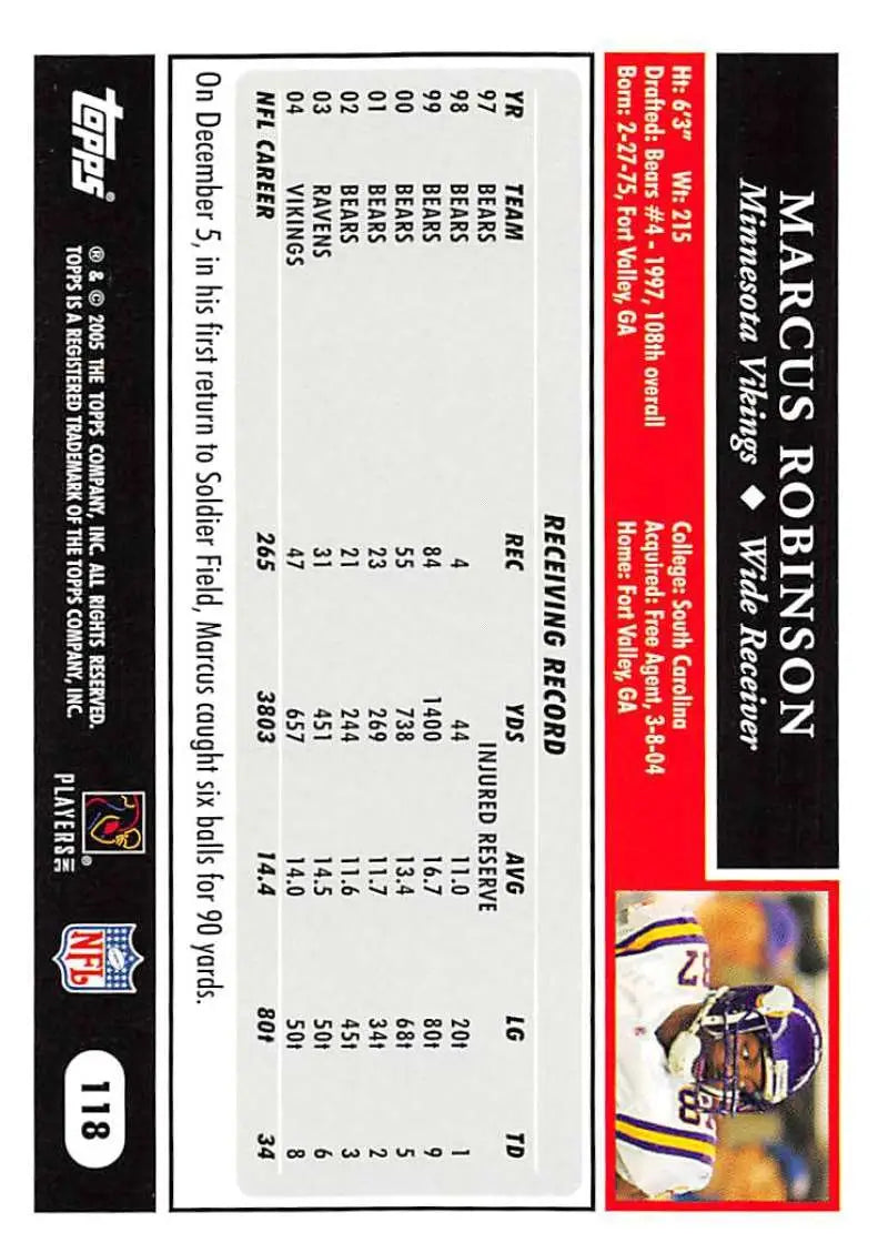 2005 Topps #118 Marcus Robinson NM-MT Minnesota Vikings Football Card - Football Card Single