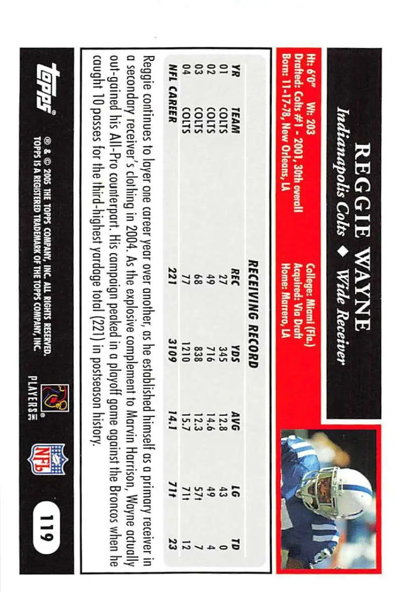 2005 Topps #119 Reggie Wayne NM-MT Indianapolis Colts Football Card - Football Card Single