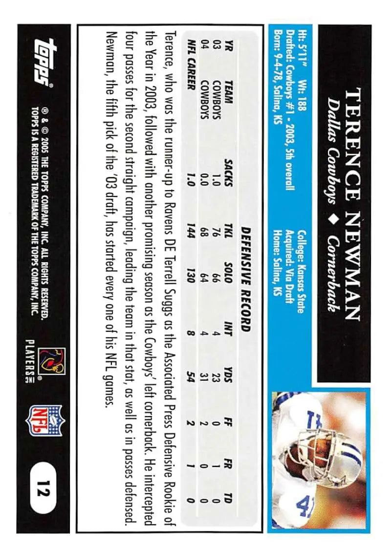 2005 Topps #12 Terence Newman NM-MT Dallas Cowboys Football Card - Football Card Single