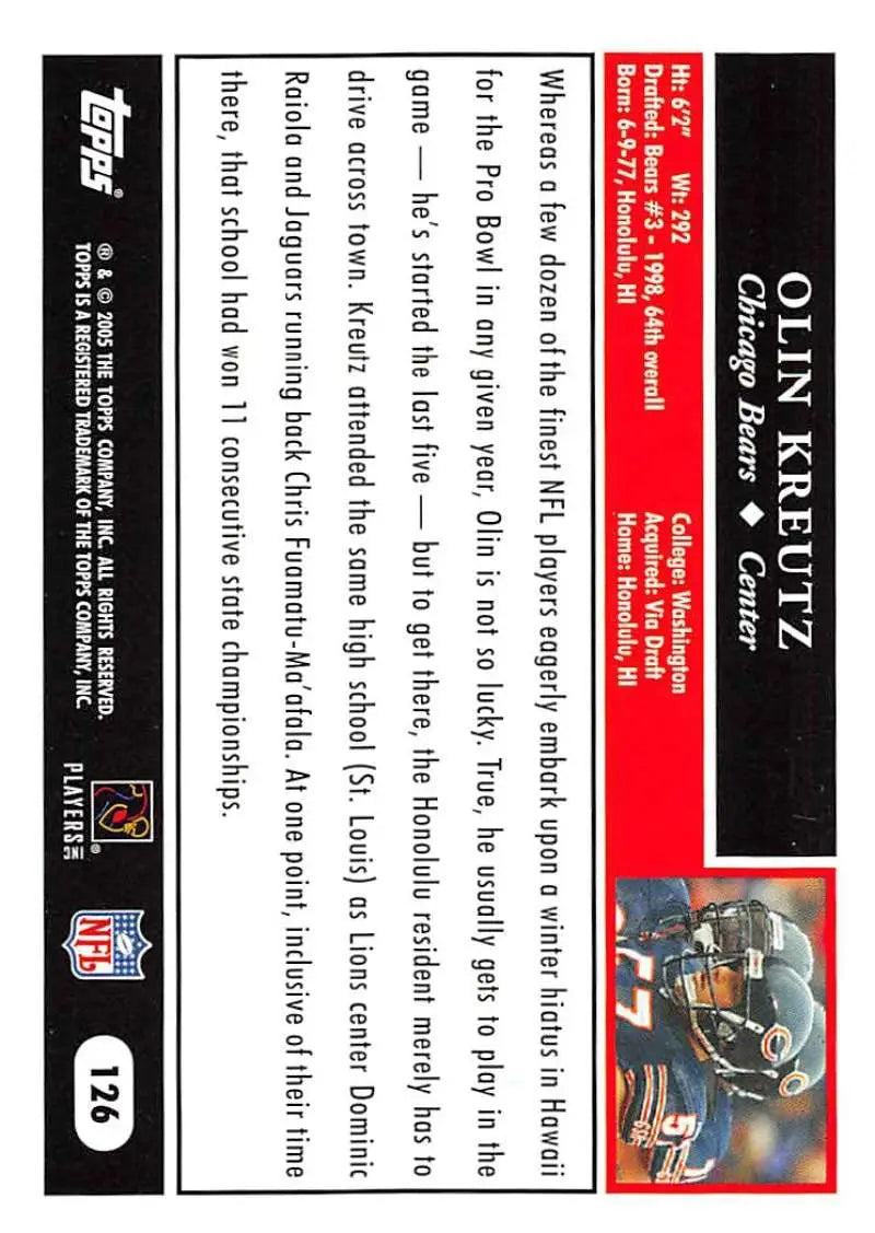 2005 Topps #126 Olin Kreutz NM-MT Chicago Bears Football Card - Football Card Single