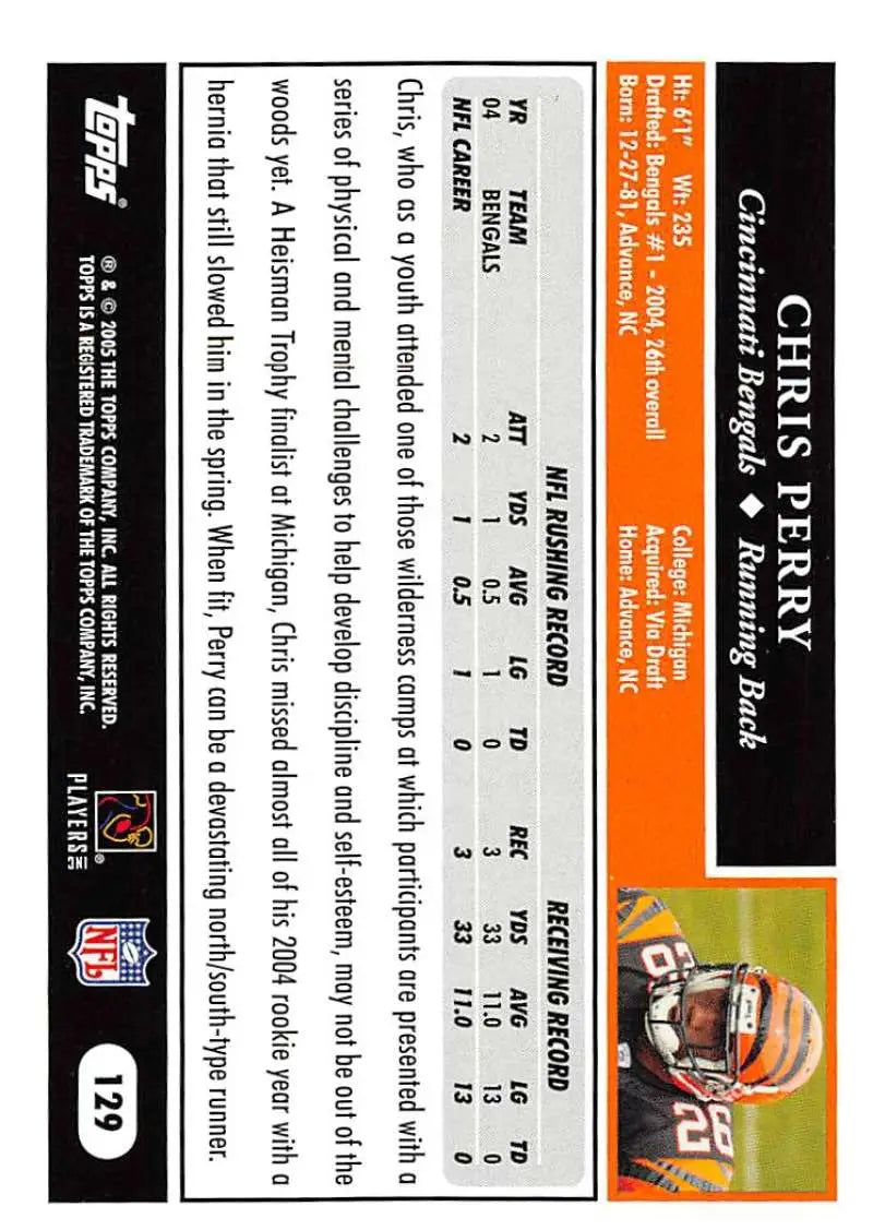 2005 Topps #129 Chris Perry NM-MT Cincinnati Bengals Football Card - Football Card Single