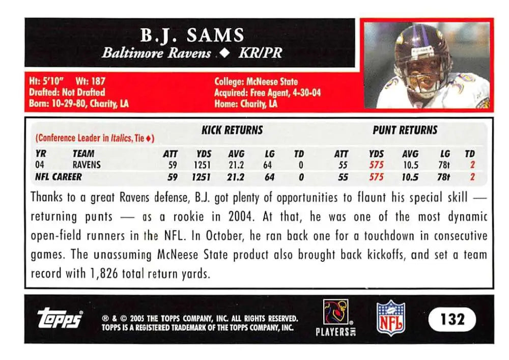 2005 Topps #132 B.J. Sams NM-MT Baltimore Ravens Football Card - Football Card Single