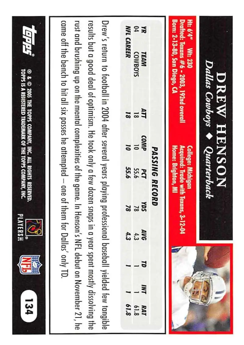 2005 Topps #134 Drew Henson NM-MT Dallas Cowboys Football Card - Football Card Single