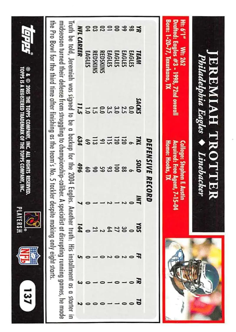2005 Topps #137 Jeremiah Trotter NM-MT Philadelphia Eagles Football Card - Football Card Single