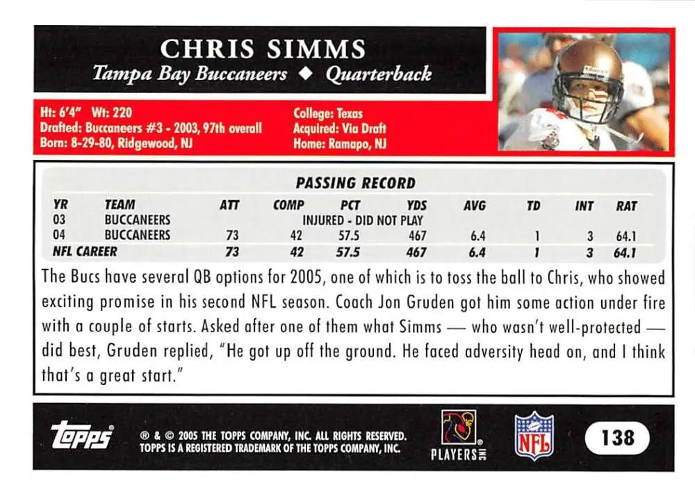 2005 Topps #138 Chris Simms NM-MT Tampa Bay Buccaneers Football Card - Football Card Single