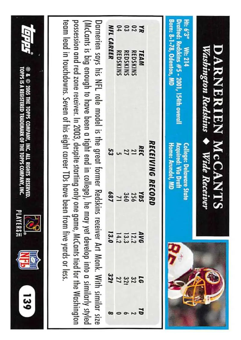 2005 Topps #139 Darnerien McCants NM-MT Washington Redskins Football Card - Football Card Single