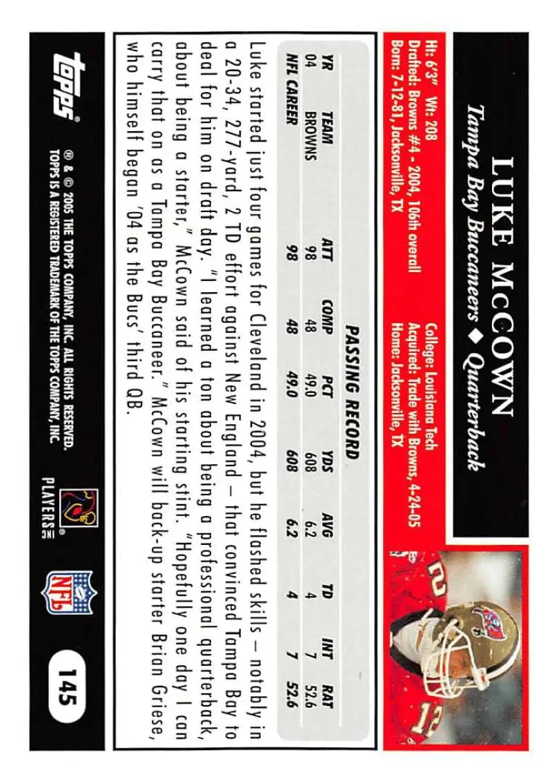 2005 Topps #145 Luke McCown NM-MT Tampa Bay Buccaneers Football Card - Football Card Single
