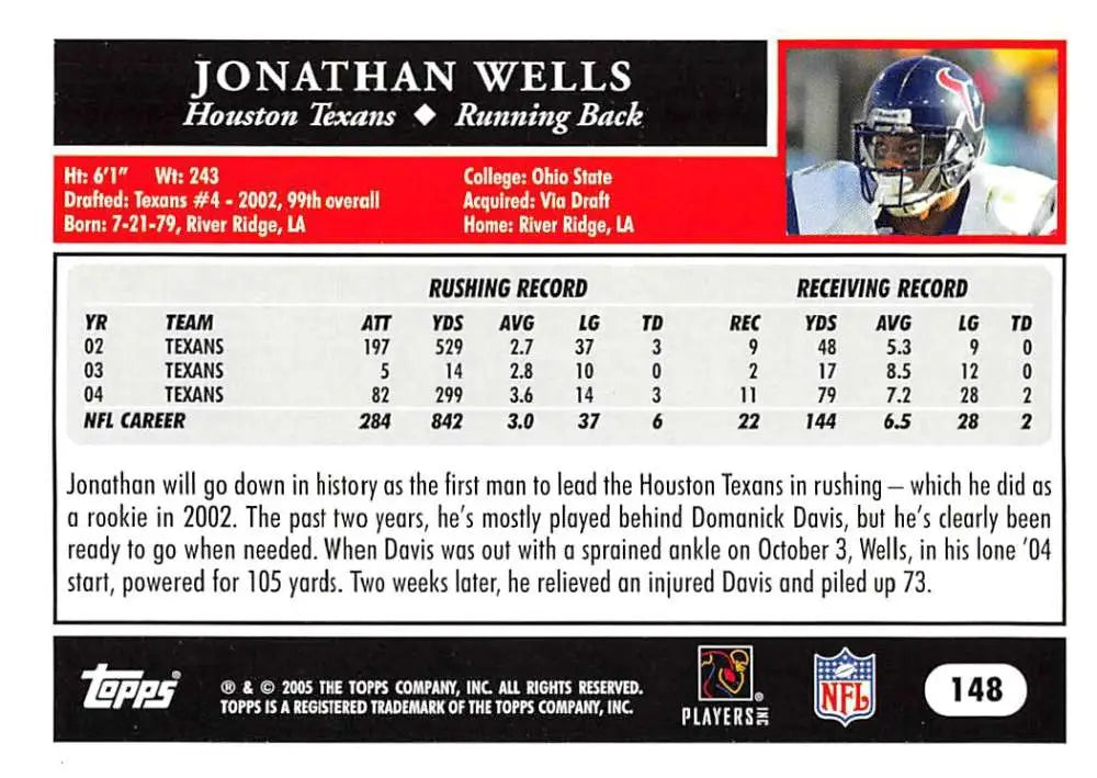 2005 Topps #148 Jonathan Wells NM-MT Houston Texans Football Card - Football Card Single