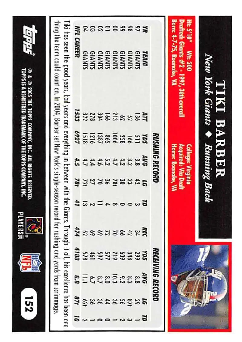 2005 Topps #152 Tiki Barber NM-MT New York Giants Football Card - Football Card Single