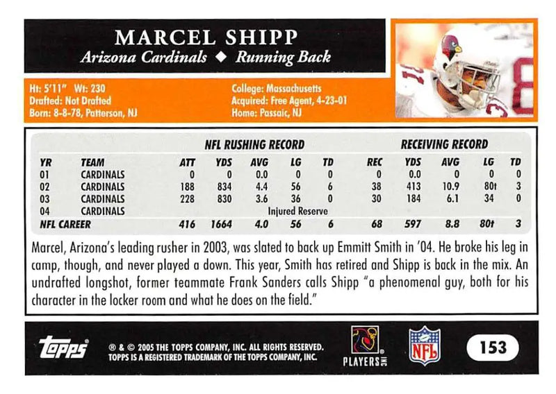 2005 Topps #153 Marcel Shipp NM-MT Arizona Cardinals Football Card - Football Card Single