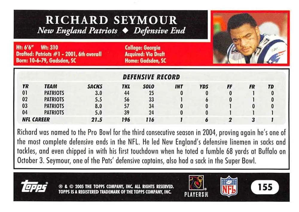 2005 Topps #155 Richard Seymour NM-MT New England Patriots Football Card - Football Card Single