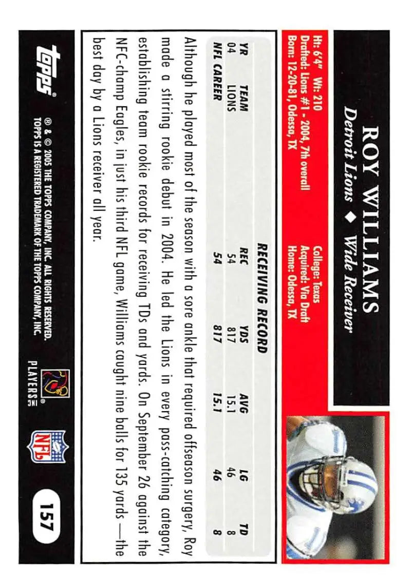 2005 Topps #157 Roy Williams NM-MT Detroit Lions Football Card - Football Card Single