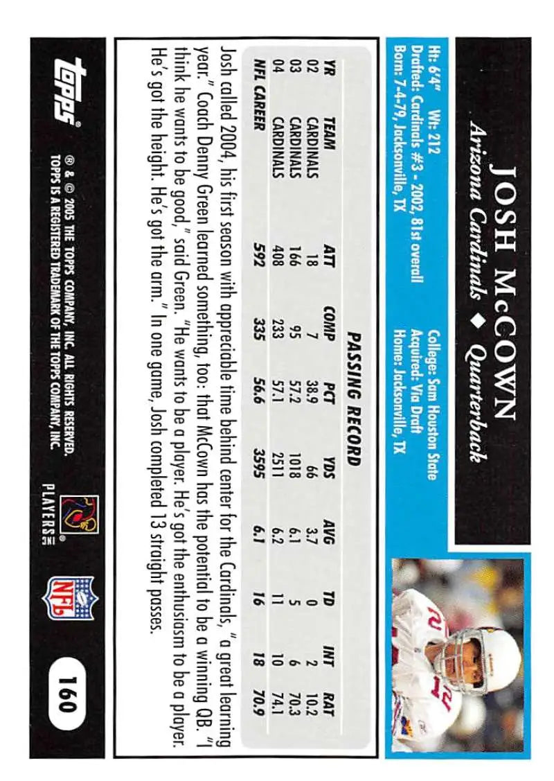 2005 Topps #160 Josh McCown NM-MT Arizona Cardinals Football Card - Football Card Single