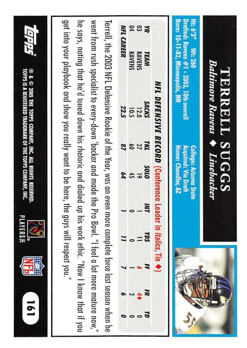 2005 Topps #161 Terrell Suggs NM-MT Baltimore Ravens Football Card - Football Card Single