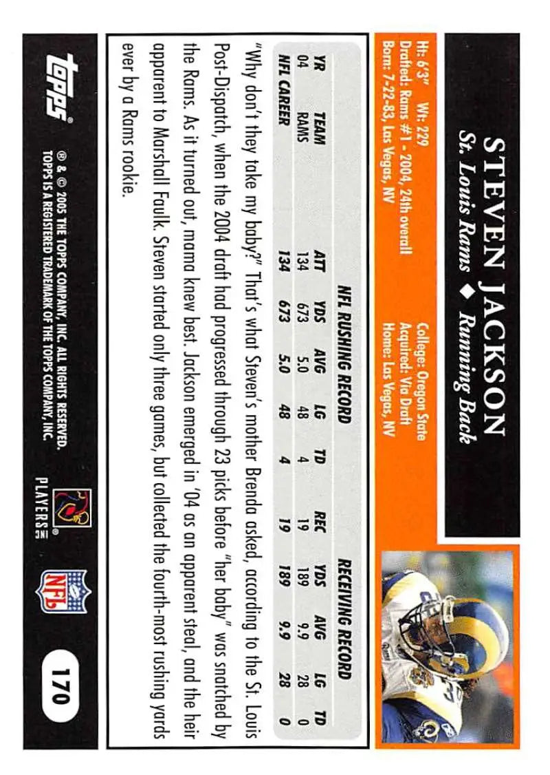 2005 Topps #170 Steven Jackson NM-MT St. Louis Rams Football Card - Football Card Single