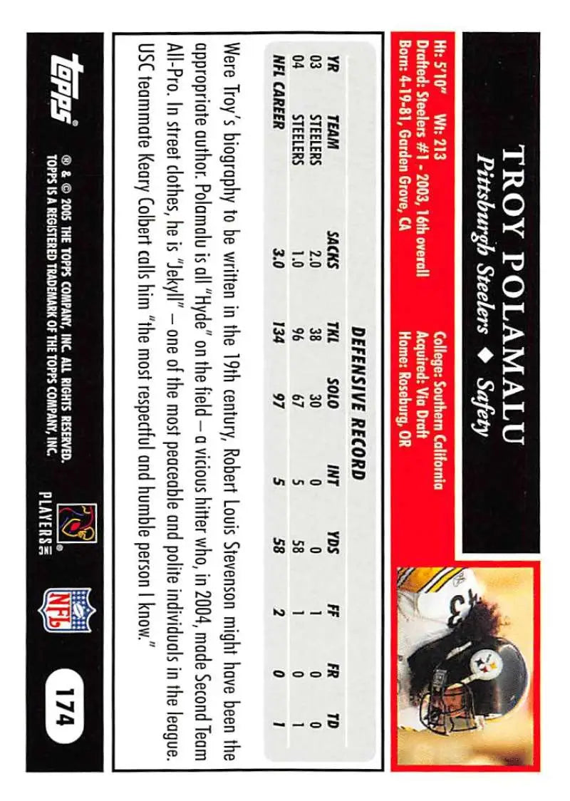 2005 Topps #174 Troy Polamalu NM-MT Pittsburgh Steelers Football Card - Football Card Single