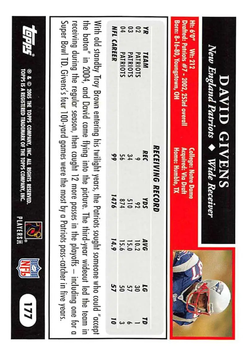 2005 Topps #177 David Givens NM-MT New England Patriots Football Card - Football Card Single