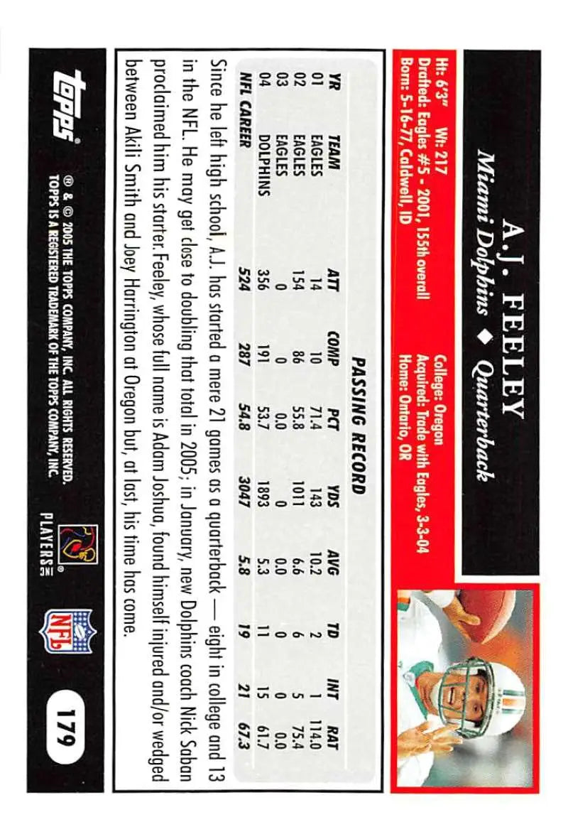 2005 Topps #179 A.J. Feeley NM-MT Miami Dolphins Football Card - Football Card Single