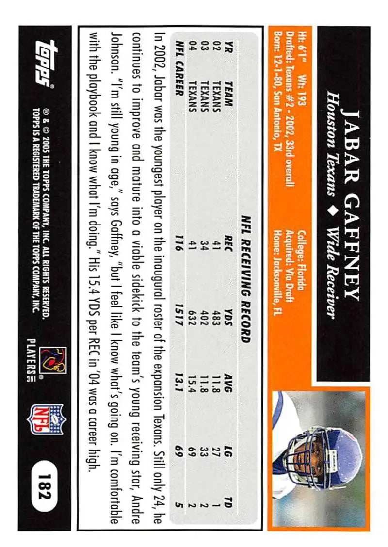 2005 Topps #182 Jabar Gaffney NM-MT Houston Texans Football Card - Football Card Single