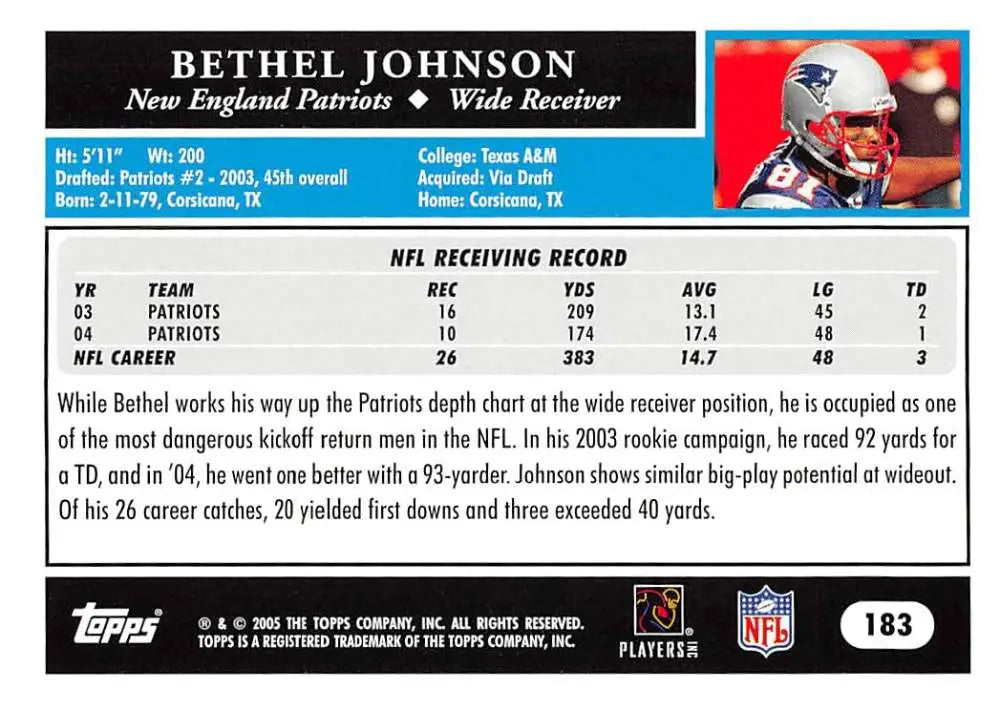 2005 Topps #183 Bethel Johnson NM-MT New England Patriots Football Card - Football Card Single