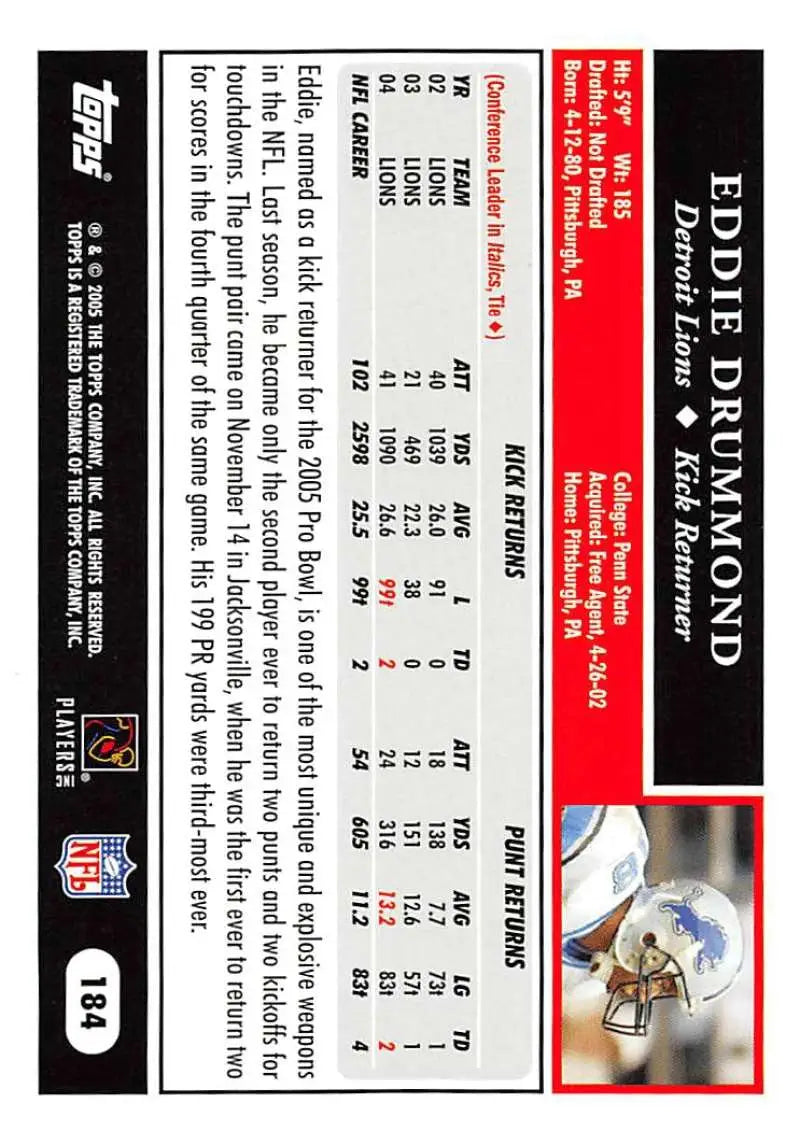 2005 Topps #184 Eddie Drummond NM-MT Detroit Lions Football Card - Football Card Single