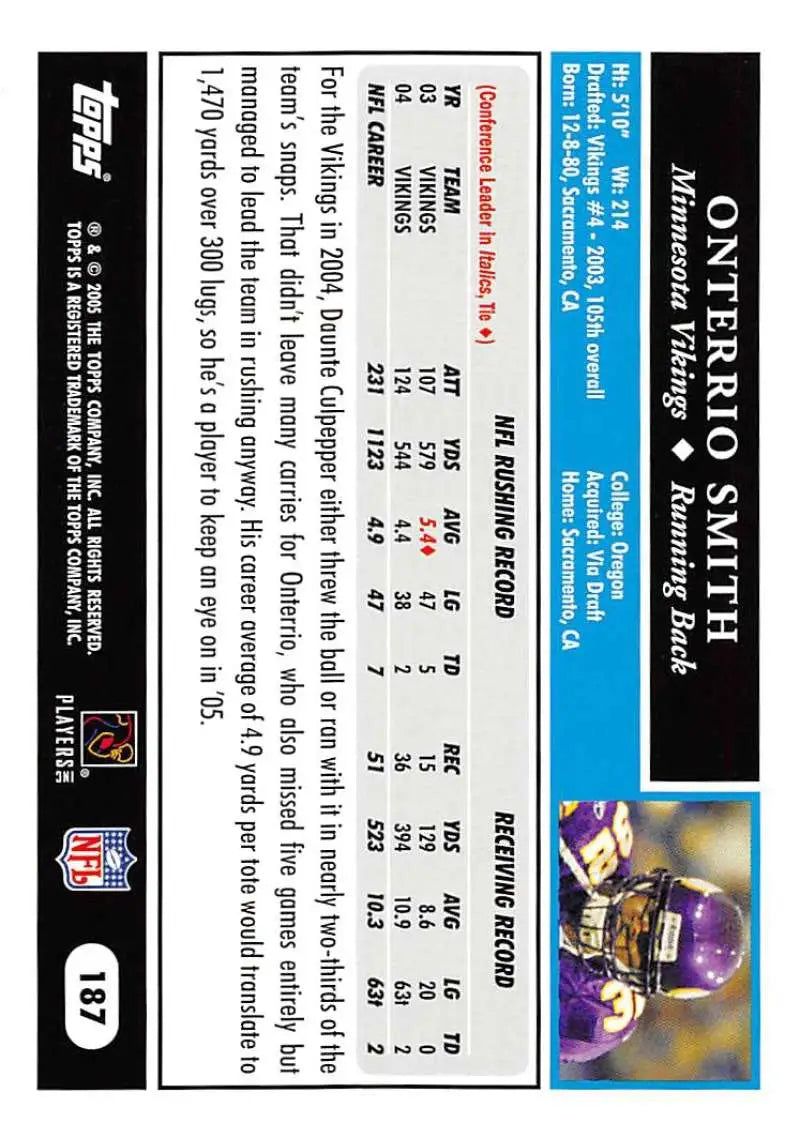 2005 Topps #187 Onterrio Smith NM-MT Minnesota Vikings Football Card - Football Card Single
