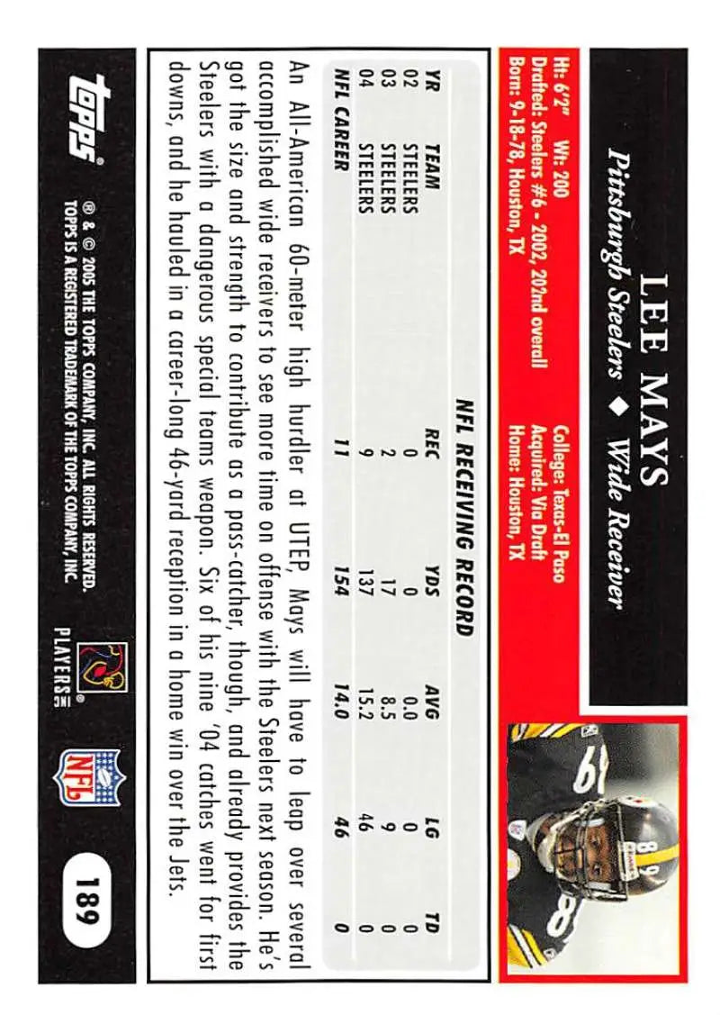 2005 Topps #189 Lee Mays NM-MT Pittsburgh Steelers Football Card - Football Card Single