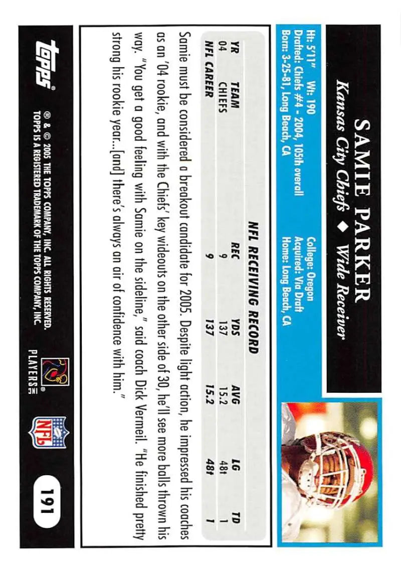 2005 Topps #191 Samie Parker NM-MT Kansas City Chiefs Football Card - Football Card Single