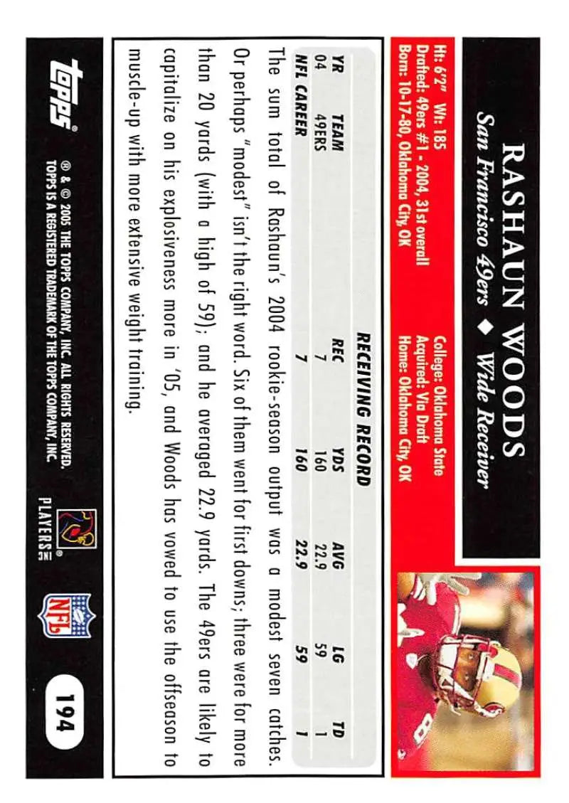 2005 Topps #194 Rashaun Woods NM-MT San Francisco 49ers Football Card - Football Card Single
