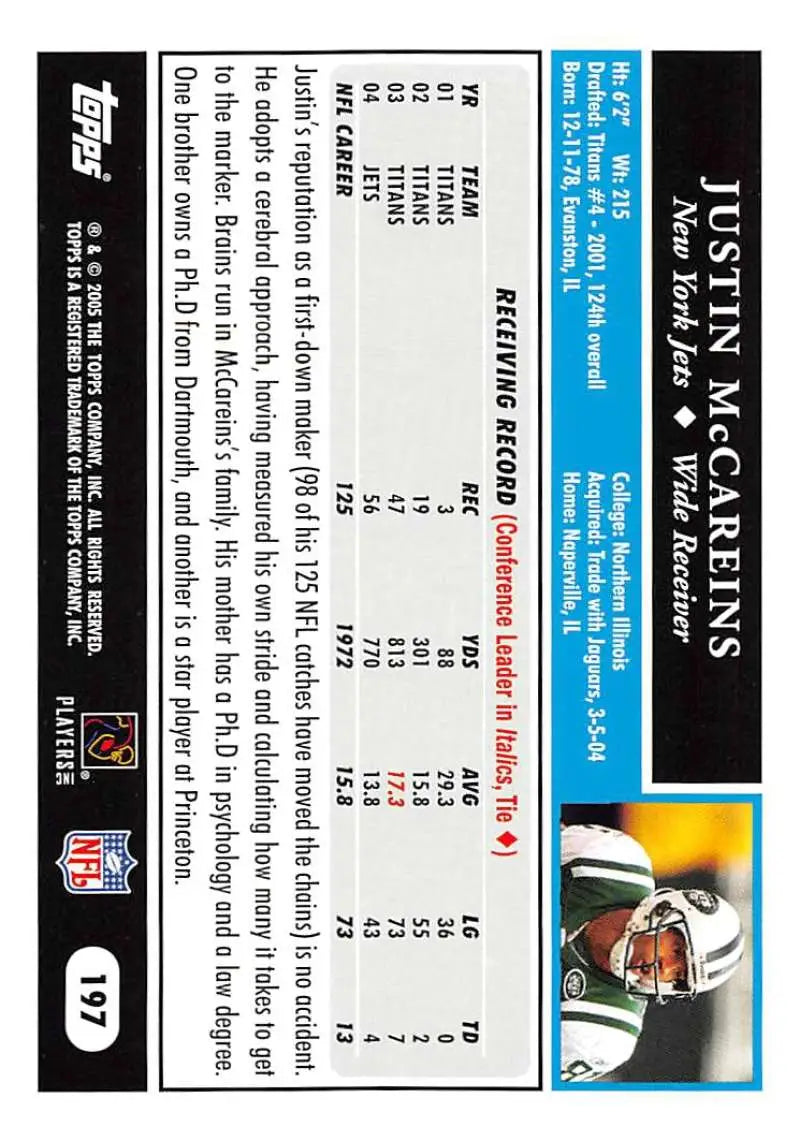 2005 Topps #197 Justin McCareins NM-MT New York Jets Football Card - Football Card Single