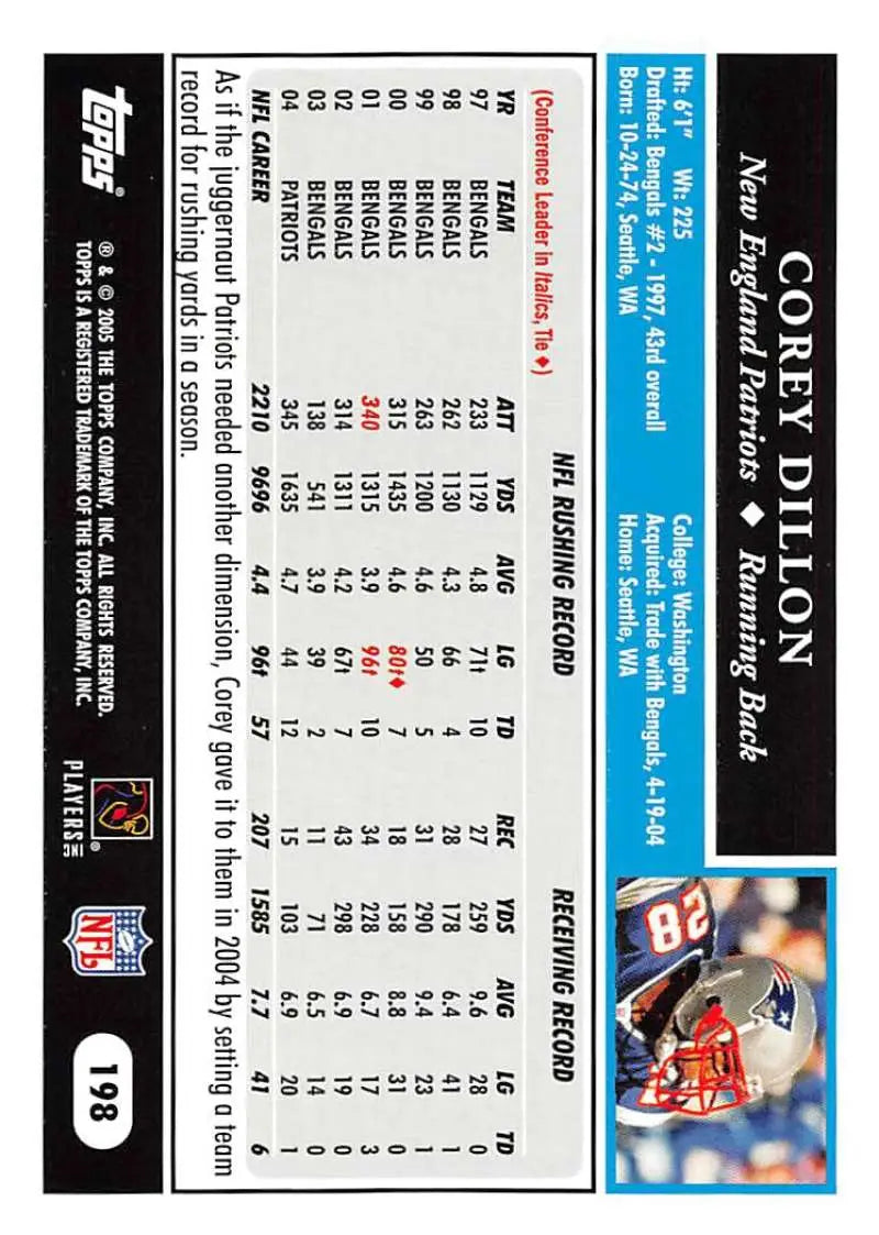 2005 Topps #198 Corey Dillon NM-MT New England Patriots Football Card - Football Card Single