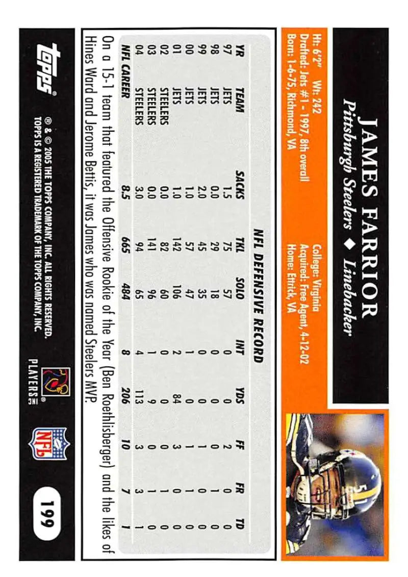 2005 Topps #199 James Farrior NM-MT Pittsburgh Steelers Football Card - Football Card Single